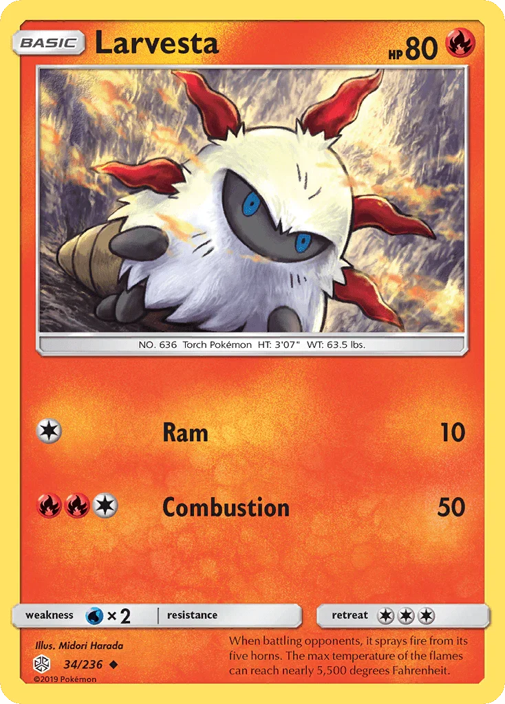 34, Fire, Normal, Reverse Holofoil, Sun & Moon: Cosmic Eclipse, Uncommon, Water[×2] Larvesta (34/236) [Sun & Moon: Cosmic Eclipse] - Trading Card World