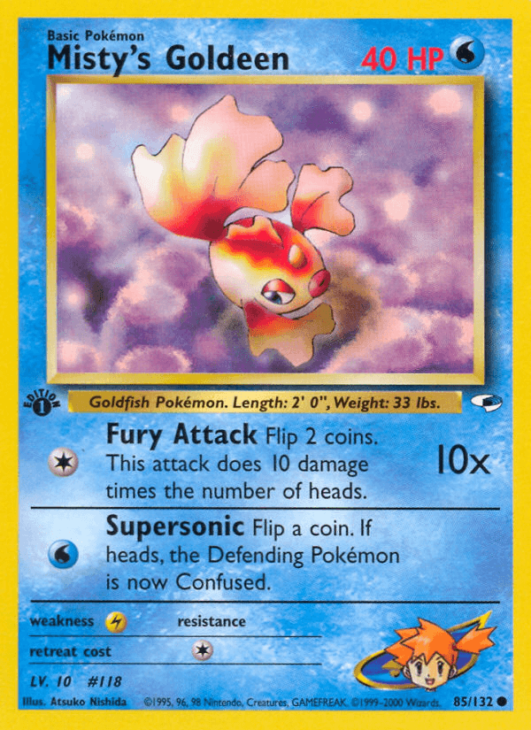 1st Edition Normal, 85, Common, Gym Heroes 1st Edition, Lightning[×2], Water Misty's Goldeen (85/132) [Gym Heroes 1st Edition] - Trading Card World