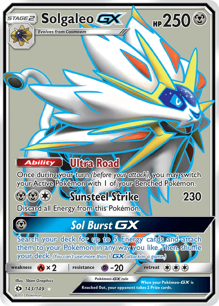 143, Fire[×2], Holofoil, Metal, Psychic[-20], Sun & Moon: Base Set, Ultra Rare Solgaleo GX (143/149) [Sun & Moon: Base Set] - Trading Card World