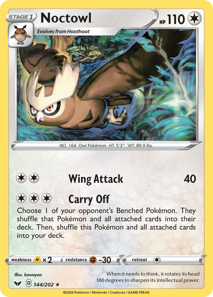 144, Colorless, Fighting[-30], Lightning[×2], Normal, Rare, Reverse Holofoil, Sword & Shield: Base Set Noctowl (144/202) [Sword & Shield: Base Set] - Trading Card World