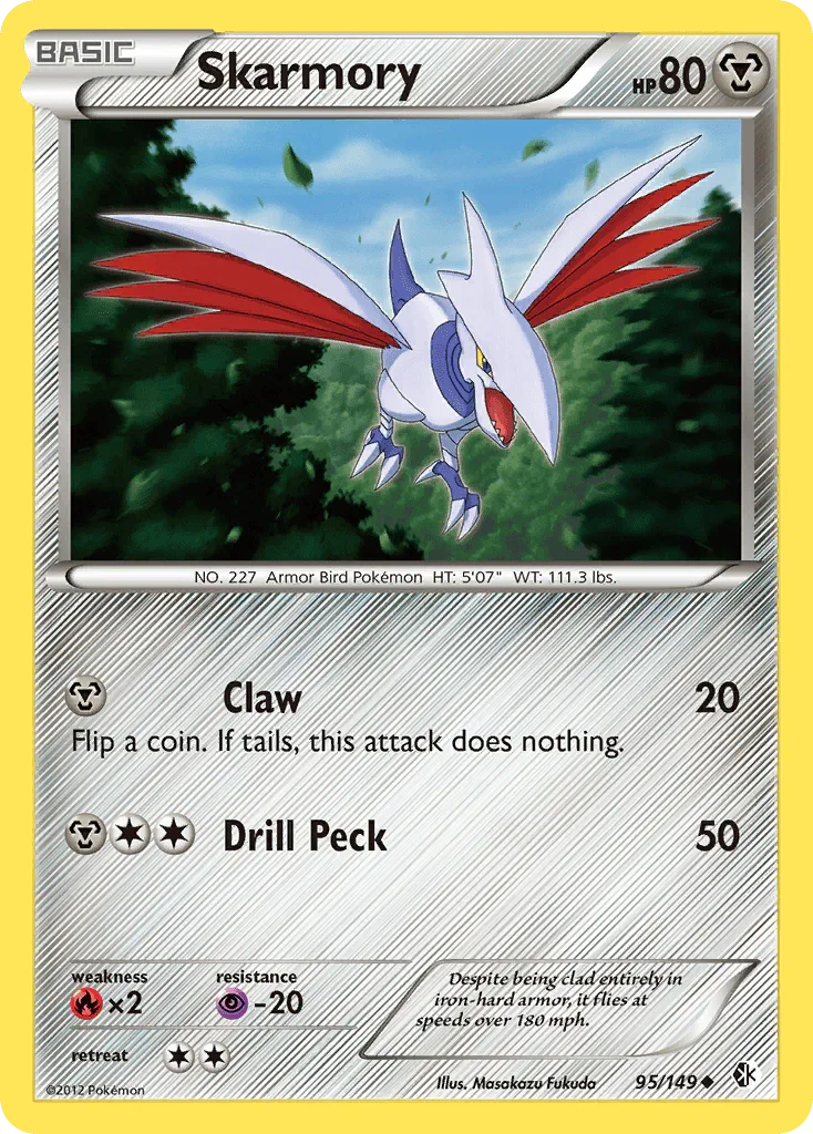95, Black & White: Boundaries Crossed, Fire[×2], Metal, Normal, Psychic[-20], Reverse Holofoil, Uncommon Skarmory (95/149) [Black & White: Boundaries Crossed] - Trading Card World