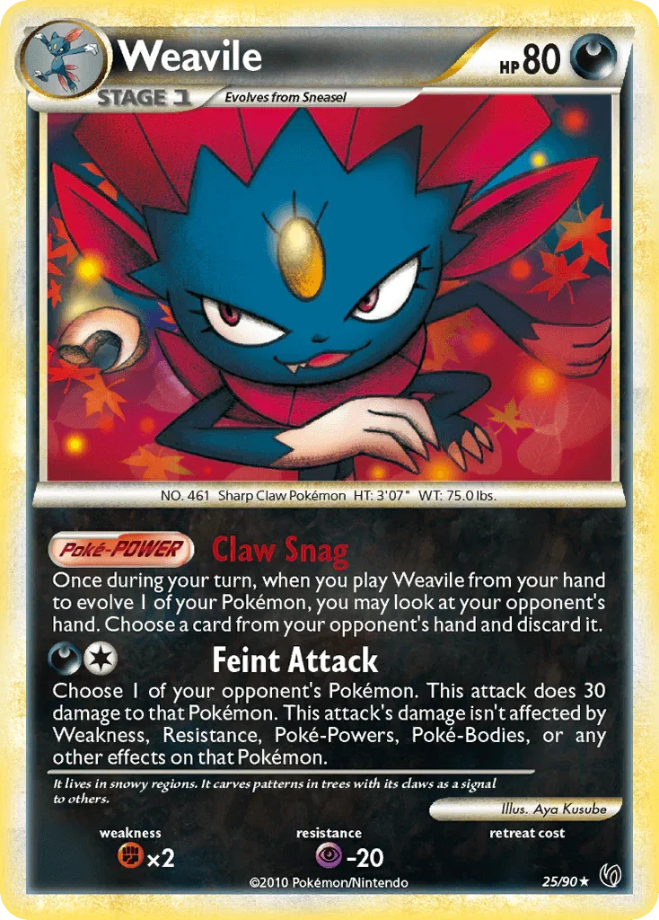 25, Darkness, Fighting[×2], HeartGold & SoulSilver: Undaunted, Normal, Psychic[-20], Rare, Reverse Holofoil Weavile (25/90) [HeartGold & SoulSilver: Undaunted] - Trading Card World