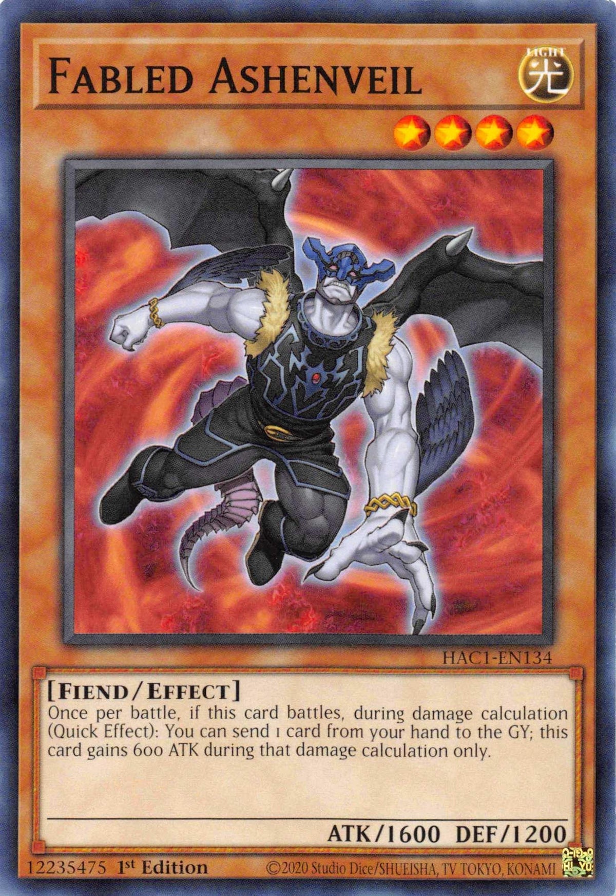 1st Edition, Common, Effect Monster, Fiend, Hidden Arsenal: Chapter 1, Light Fabled Ashenveil [HAC1-EN134] Common - Trading Card World