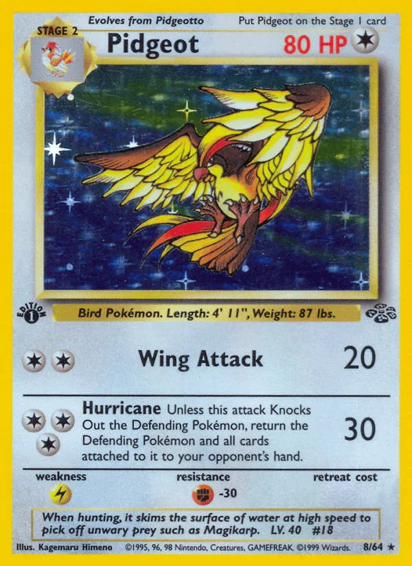 1st Edition Holofoil, Colorless, Fighting[-30], Holo Rare, Jungle 1st Edition, Lightning[×2] Pidgeot (8/64) [Jungle 1st Edition] - Trading Card World