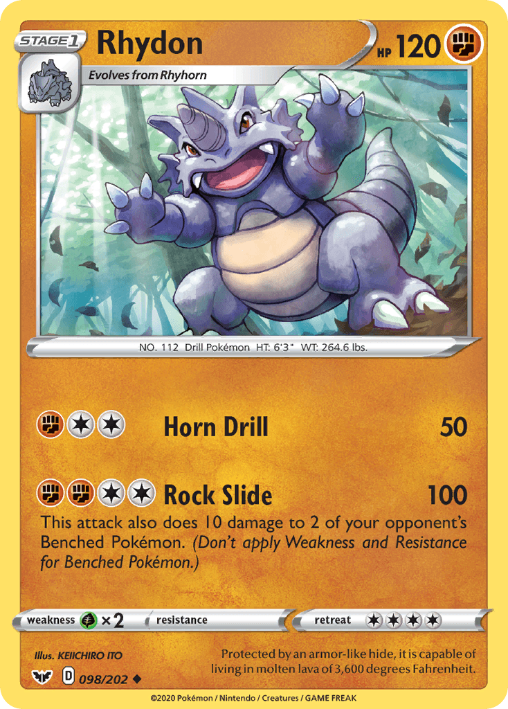 098, Fighting, Grass[×2], Normal, Reverse Holofoil, Sword & Shield: Base Set, Uncommon Rhydon (098/202) [Sword & Shield: Base Set] - Trading Card World