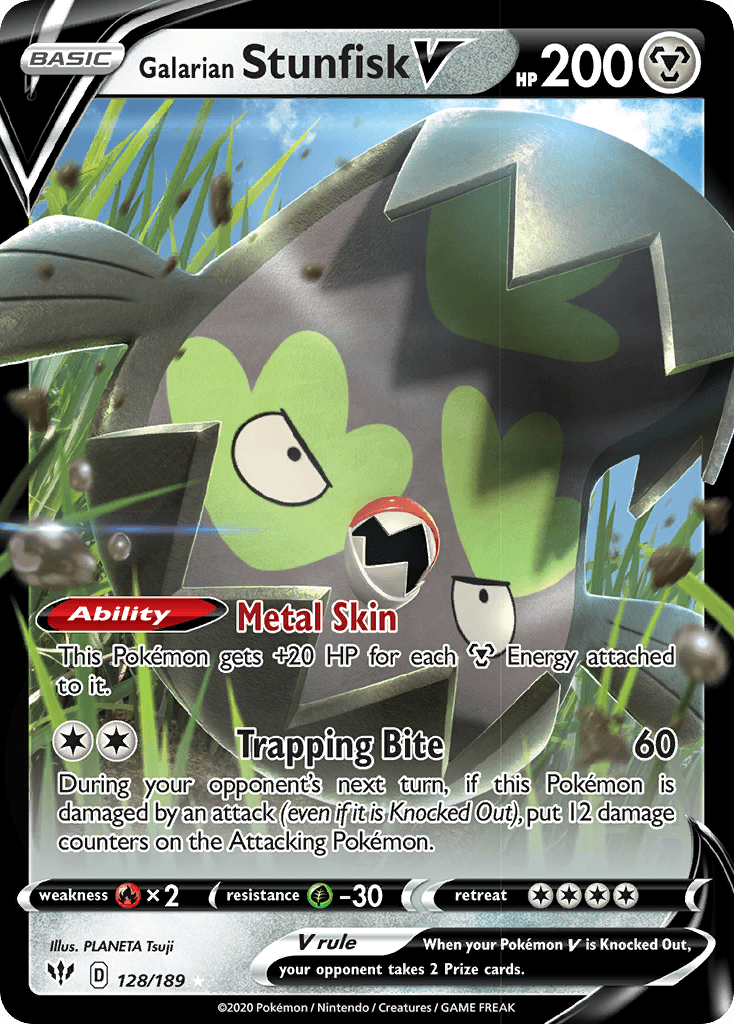 128, Fire[×2], Grass[-30], Holofoil, Metal, Sword & Shield: Darkness Ablaze, Ultra Rare Galarian Stunfisk V (128/189) [Sword & Shield: Darkness Ablaze] - Trading Card World