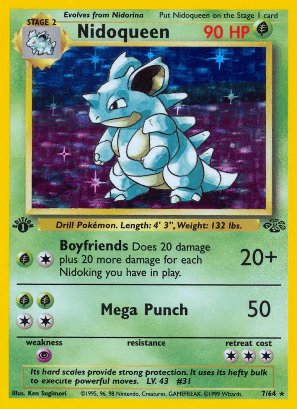 1st Edition Holofoil, Grass, Holo Rare, Jungle 1st Edition, Psychic[×2] Nidoqueen (7/64) [Jungle 1st Edition] - Trading Card World
