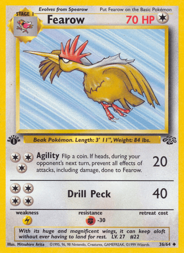1st Edition Normal, 36, Colorless, Fighting[-30], Jungle 1st Edition, Lightning[×2], Uncommon Fearow (36/64) [Jungle 1st Edition] - Trading Card World