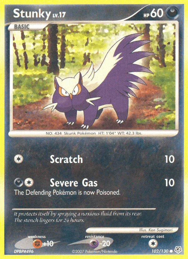 102, Common, Darkness, Diamond & Pearl: Base Set, Fighting[+10], Normal, Psychic[-20], Reverse Holofoil Stunky (102/130) [Diamond & Pearl: Base Set] - Trading Card World