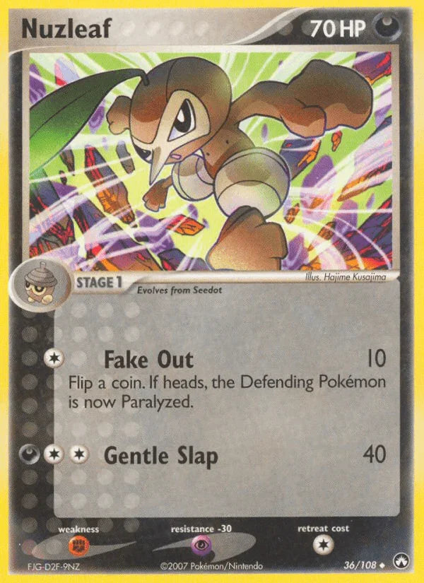 36, Darkness, EX: Power Keepers, Fighting[×2], Normal, Psychic[-30], Uncommon Nuzleaf (36/108) [EX: Power Keepers] - Trading Card World