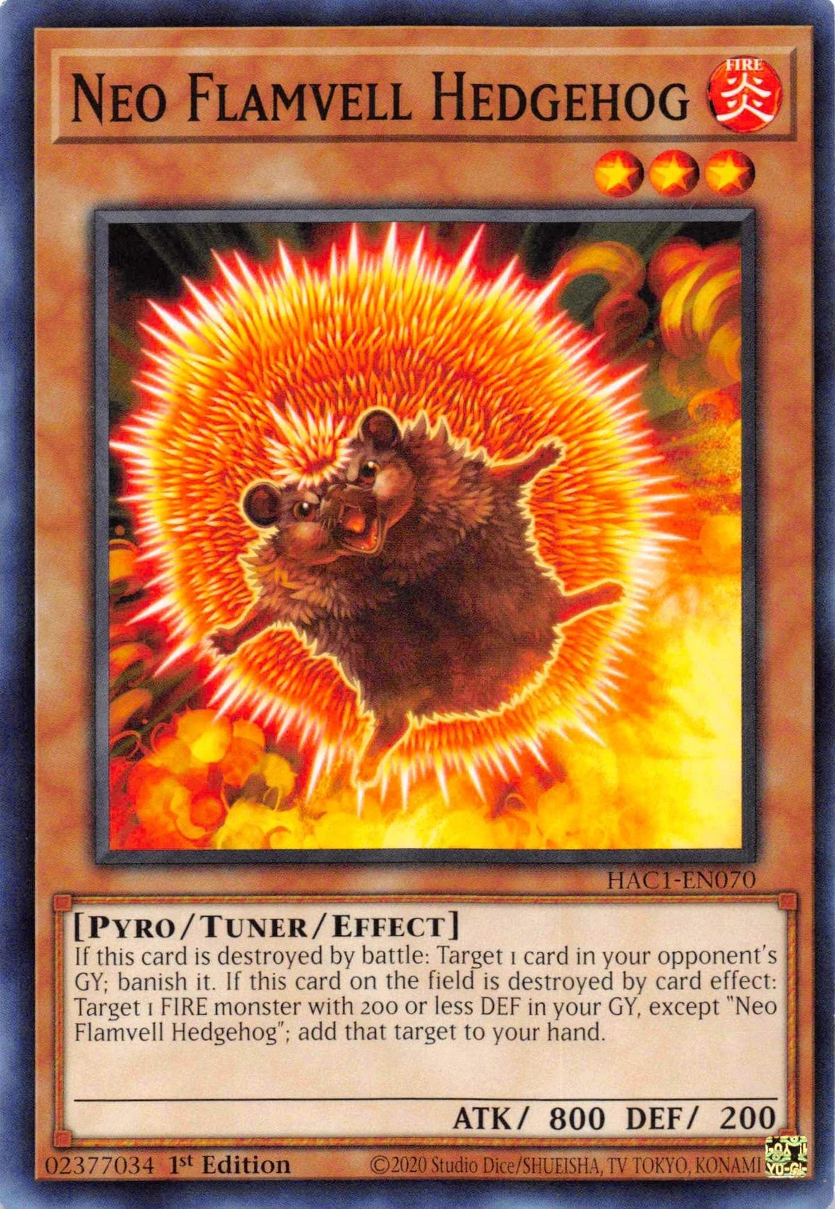 1st Edition, Common, Fire, Hidden Arsenal: Chapter 1, Pyro, Tuner/Effect Monster Neo Flamvell Hedgehog [HAC1-EN070] Common - Trading Card World