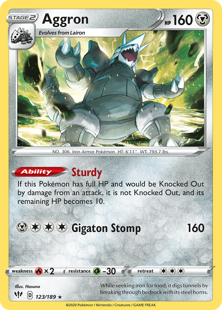 123, Fire[×2], Grass[-30], Holo Rare, Holofoil, Metal, Reverse Holofoil, Sword & Shield: Darkness Ablaze Aggron (123/189) [Sword & Shield: Darkness Ablaze] - Trading Card World