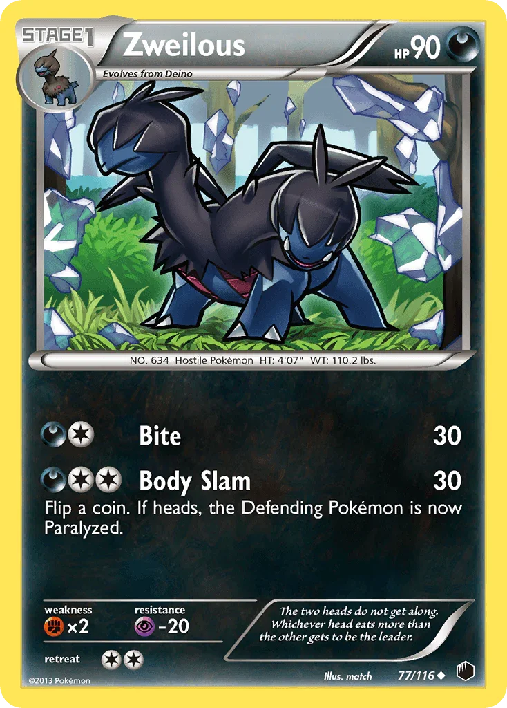 77, Black & White: Plasma Freeze, Darkness, Fighting[×2], Normal, Psychic[-20], Reverse Holofoil, Uncommon Zweilous (77/116) [Black & White: Plasma Freeze] - Trading Card World