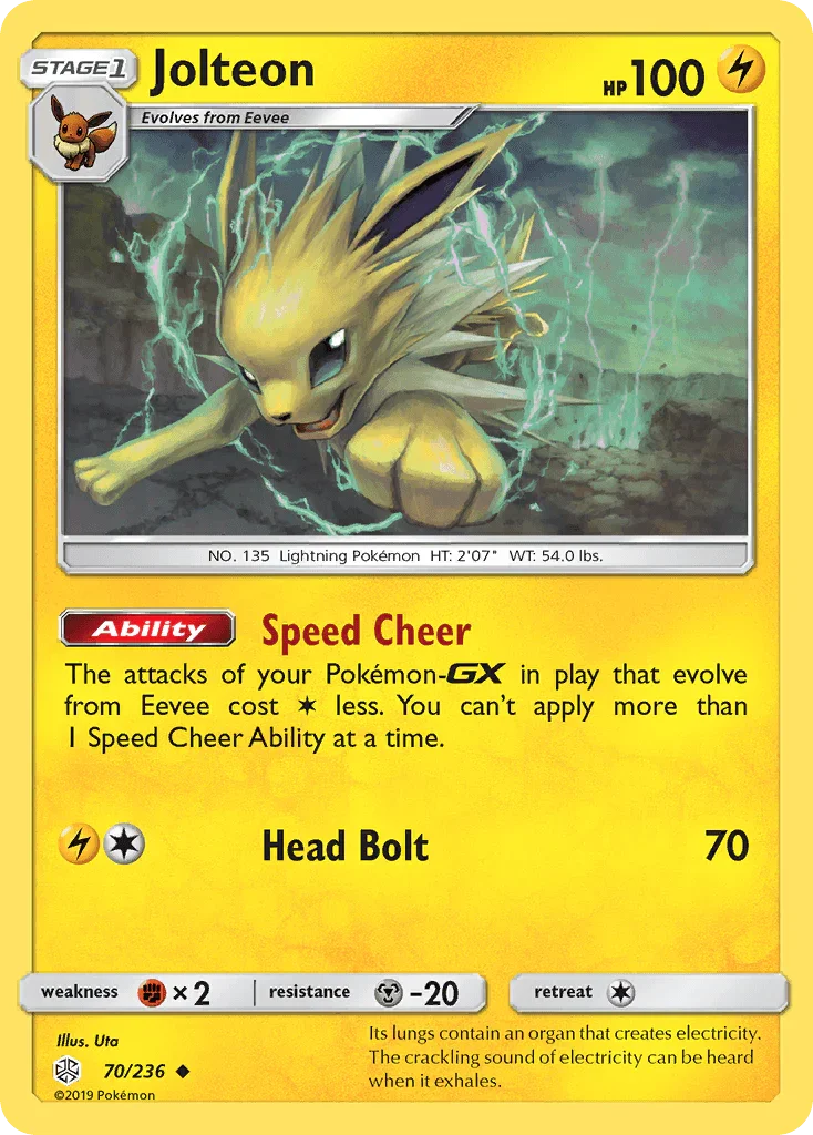 70, Fighting[×2], Lightning, Metal[-20], Normal, Reverse Holofoil, Sun & Moon: Cosmic Eclipse, Uncommon Jolteon (70/236) [Sun & Moon: Cosmic Eclipse] - Trading Card World