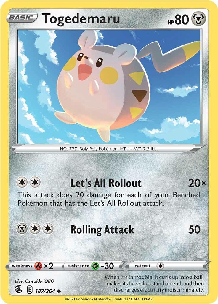 187, Fire [x2], Grass [-30], Metal, Normal, Reverse Holofoil, Sword & Shield: Fusion Strike, Uncommon Togedemaru (187/264) [Sword & Shield: Fusion Strike] - Trading Card World
