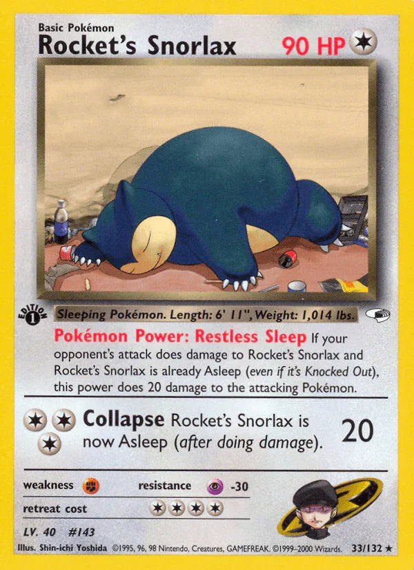 1st Edition Normal, 33, Colorless, Fighting[×2], Gym Heroes 1st Edition, Psychic[-30], Rare Rocket's Snorlax (33/132) [Gym Heroes 1st Edition] - Trading Card World
