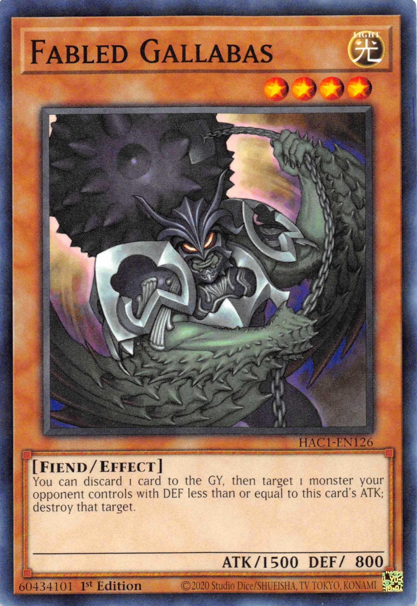 1st Edition, Common, Effect Monster, Fiend, Hidden Arsenal: Chapter 1, Light Fabled Gallabas [HAC1-EN126] Common - Trading Card World