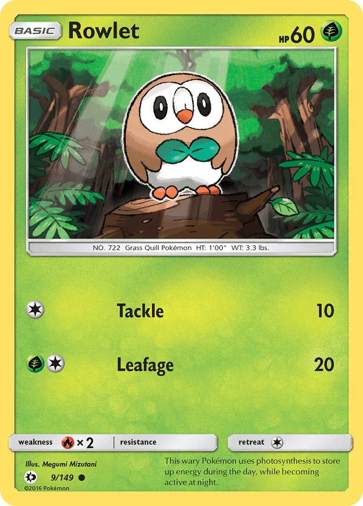Common, Fire[×2], Grass, Normal, Reverse Holofoil, Sun & Moon: Base Set Rowlet (9/149) [Sun & Moon: Base Set] - Trading Card World