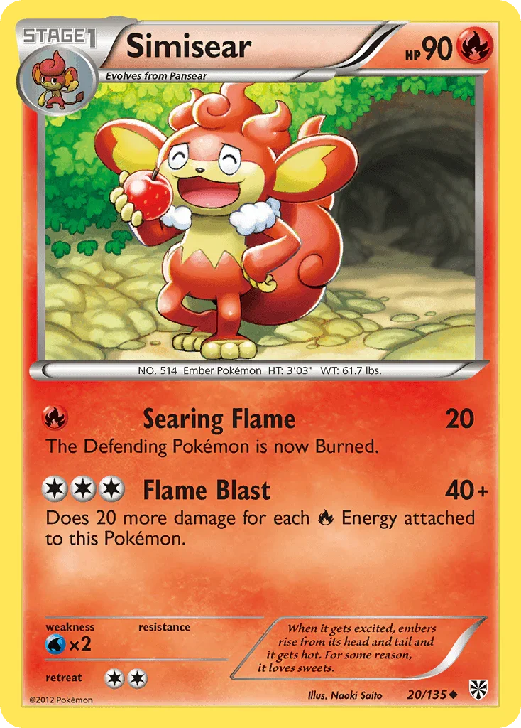 20, Black & White: Plasma Storm, Fire, Normal, Reverse Holofoil, Uncommon, Water[×2] Simisear (20/135) [Black & White: Plasma Storm] - Trading Card World