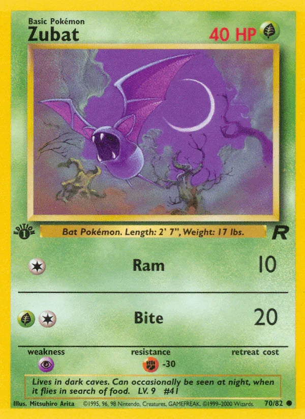 1st Edition Normal, 70, Common, Fighting[-30], Grass, Psychic[×2], Team Rocket 1st Edition Zubat (70/82) [Team Rocket 1st Edition] - Trading Card World