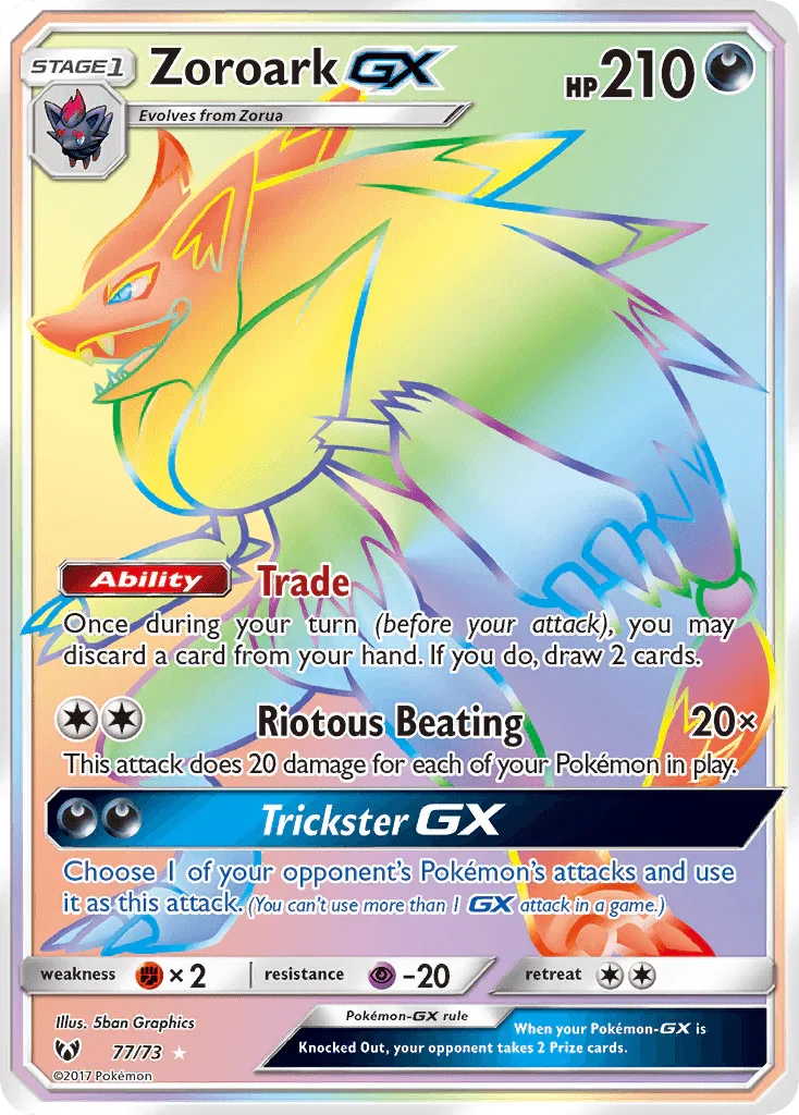 77, Darkness, Fighting[×2], Holofoil, Psychic[-20], Secret Rare, Sun & Moon: Shining Legends Zoroark GX (77/73) [Sun & Moon: Shining Legends] - Trading Card World
