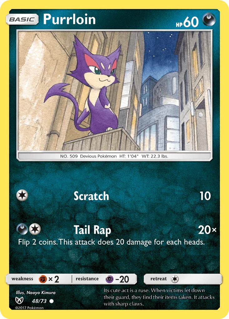 48, Common, Darkness, Fighting[×2], Normal, Psychic[-20], Reverse Holofoil, Sun & Moon: Shining Legends Purrloin (48/73) [Sun & Moon: Shining Legends] - Trading Card World