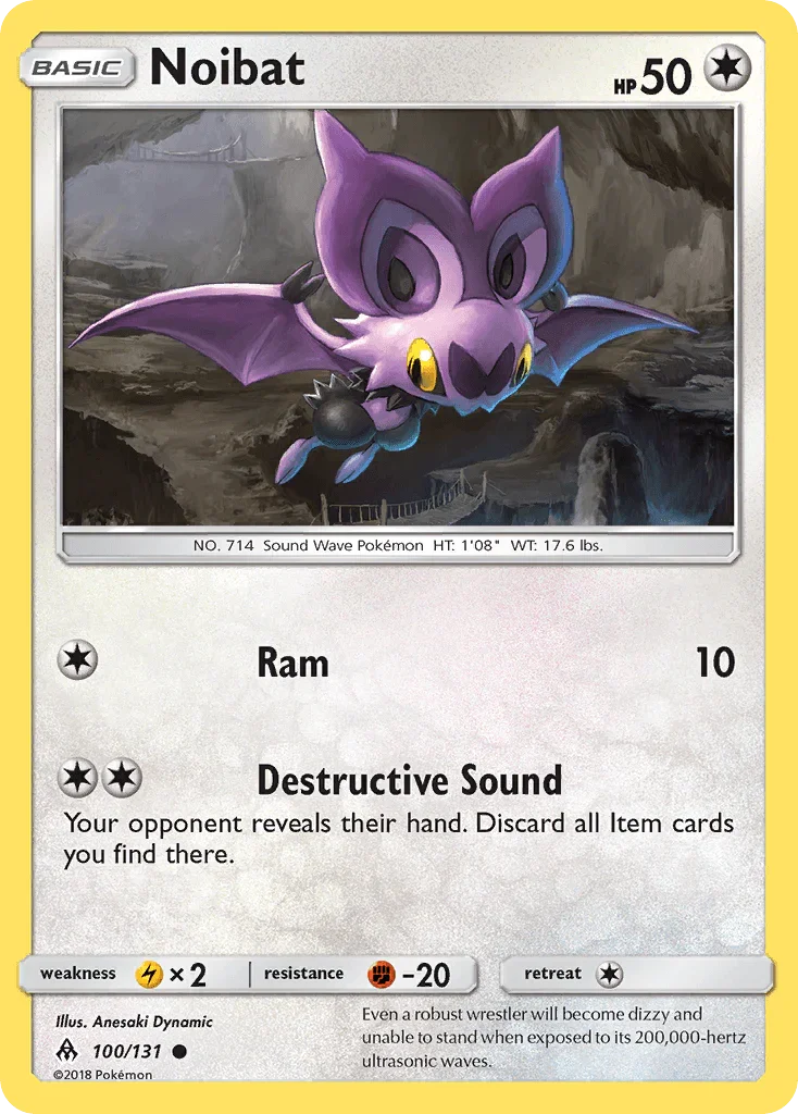 100, Colorless, Common, Fighting[-20], Lightning[×2], Normal, Reverse Holofoil, Sun & Moon: Forbidden Light Noibat (100/131) [Sun & Moon: Forbidden Light] - Trading Card World