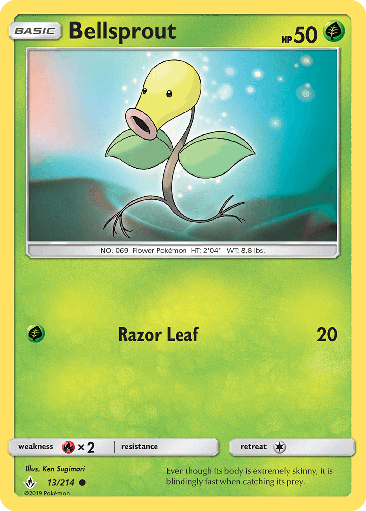 13, Common, Fire[×2], Grass, Normal, Reverse Holofoil, Sun & Moon: Unbroken Bonds Bellsprout (13/214) [Sun & Moon: Unbroken Bonds] - Trading Card World