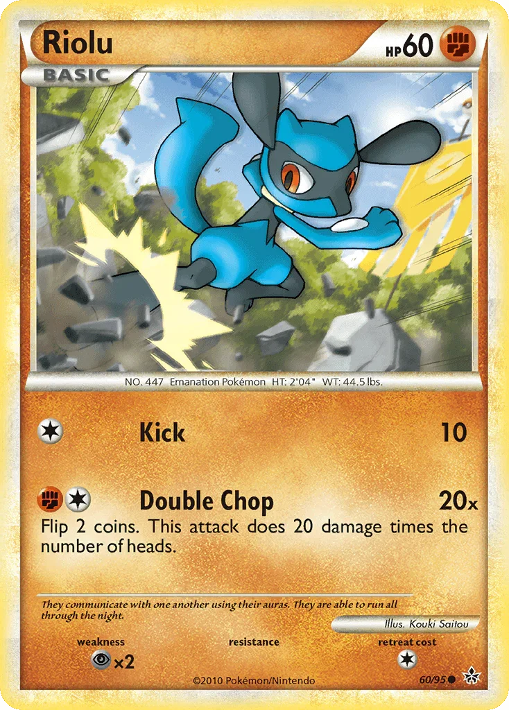 60, Common, Fighting, HeartGold & SoulSilver: Unleashed, Normal, Psychic[×2], Reverse Holofoil Riolu (60/95) [HeartGold & SoulSilver: Unleashed] - Trading Card World