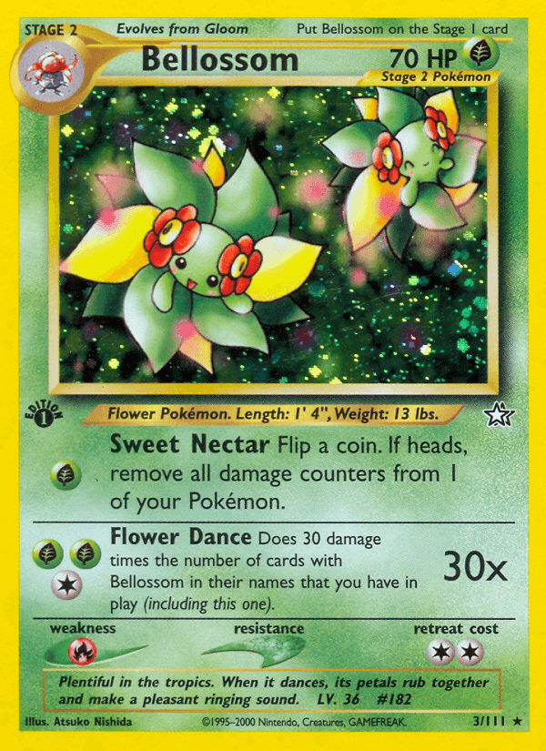 1st Edition Holofoil, Fire[×2], Grass, Holo Rare, Neo Genesis 1st Edition Bellossom (3/111) [Neo Genesis 1st Edition] - Trading Card World