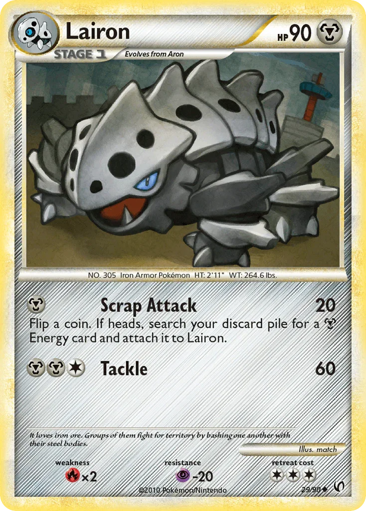 29, Fire[×2], HeartGold & SoulSilver: Undaunted, Metal, Normal, Psychic[-20], Reverse Holofoil, Uncommon Lairon (29/90) [HeartGold & SoulSilver: Undaunted] - Trading Card World