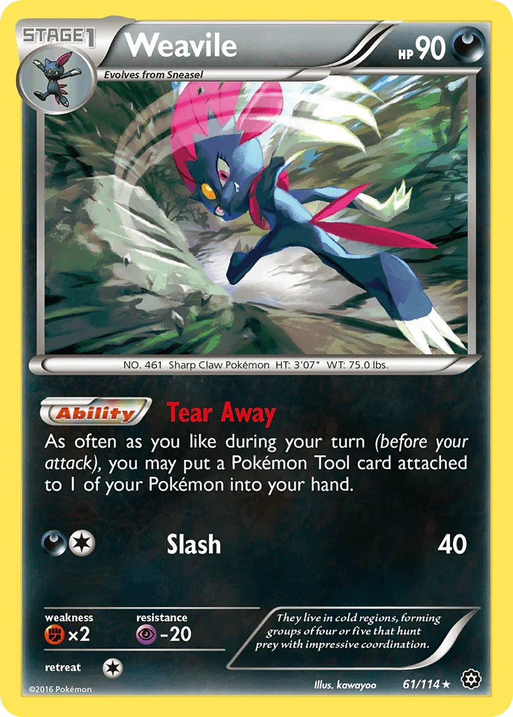 61, Darkness, Fighting[×2], Normal, Psychic[-20], Rare, Reverse Holofoil, XY: Steam Siege Weavile (61/114) [XY: Steam Siege] - Trading Card World