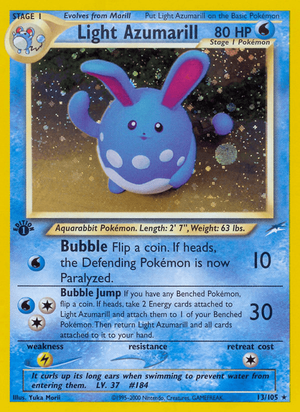 13, 1st Edition Holofoil, Holo Rare, Lightning[×2], Neo Destiny 1st Edition, Water Light Azumarill (13/105) [Neo Destiny 1st Edition] - Trading Card World