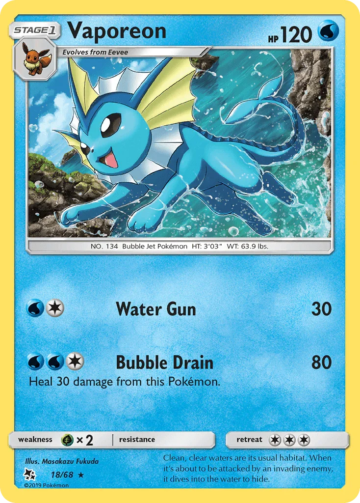 18, Grass[×2], Holo Rare, Holofoil, Reverse Holofoil, Sun & Moon: Hidden Fates, Water Vaporeon (18/68) [Sun & Moon: Hidden Fates] - Trading Card World