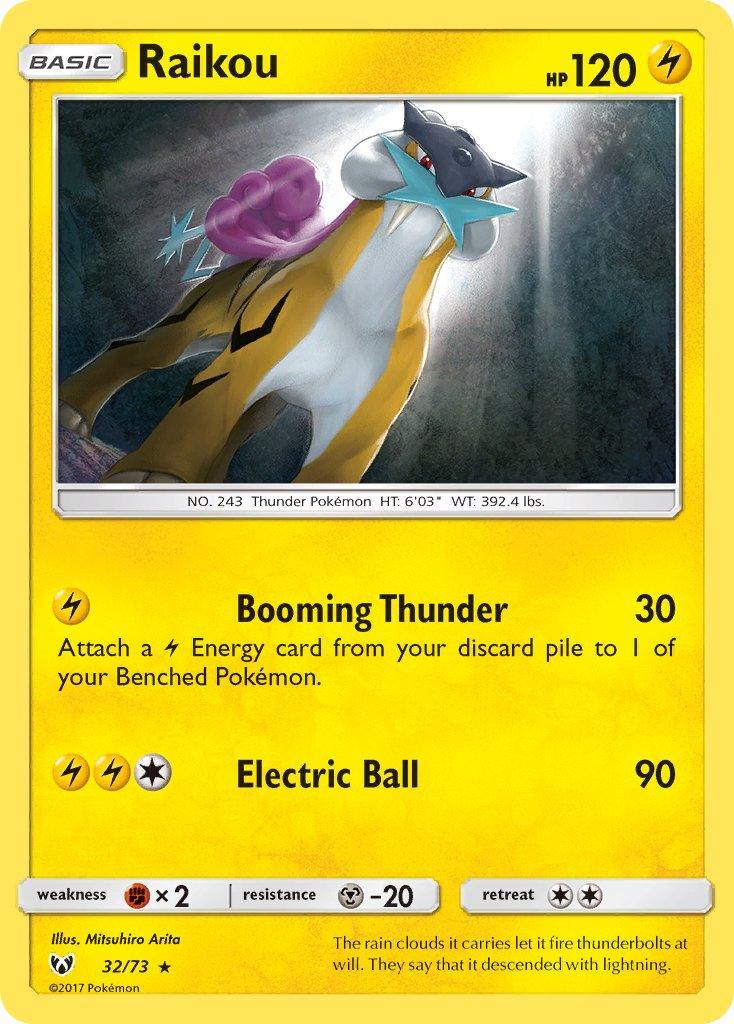 32, Fighting[×2], Holo Rare, Holofoil, Lightning, Metal[-20], Sun & Moon: Shining Legends Raikou (32/73) (Lets Play, Pikachu Cracked Ice Holo) (Theme Deck Exclusive) [Sun & Moon: Shining Legends] - Trading Card World