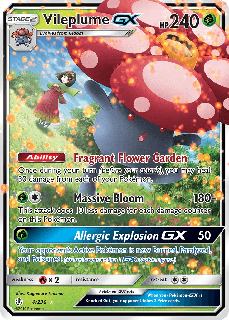 Fire[×2], Grass, Holofoil, Sun & Moon: Cosmic Eclipse, Ultra Rare Vileplume GX (4/236) [Sun & Moon: Cosmic Eclipse] - Trading Card World