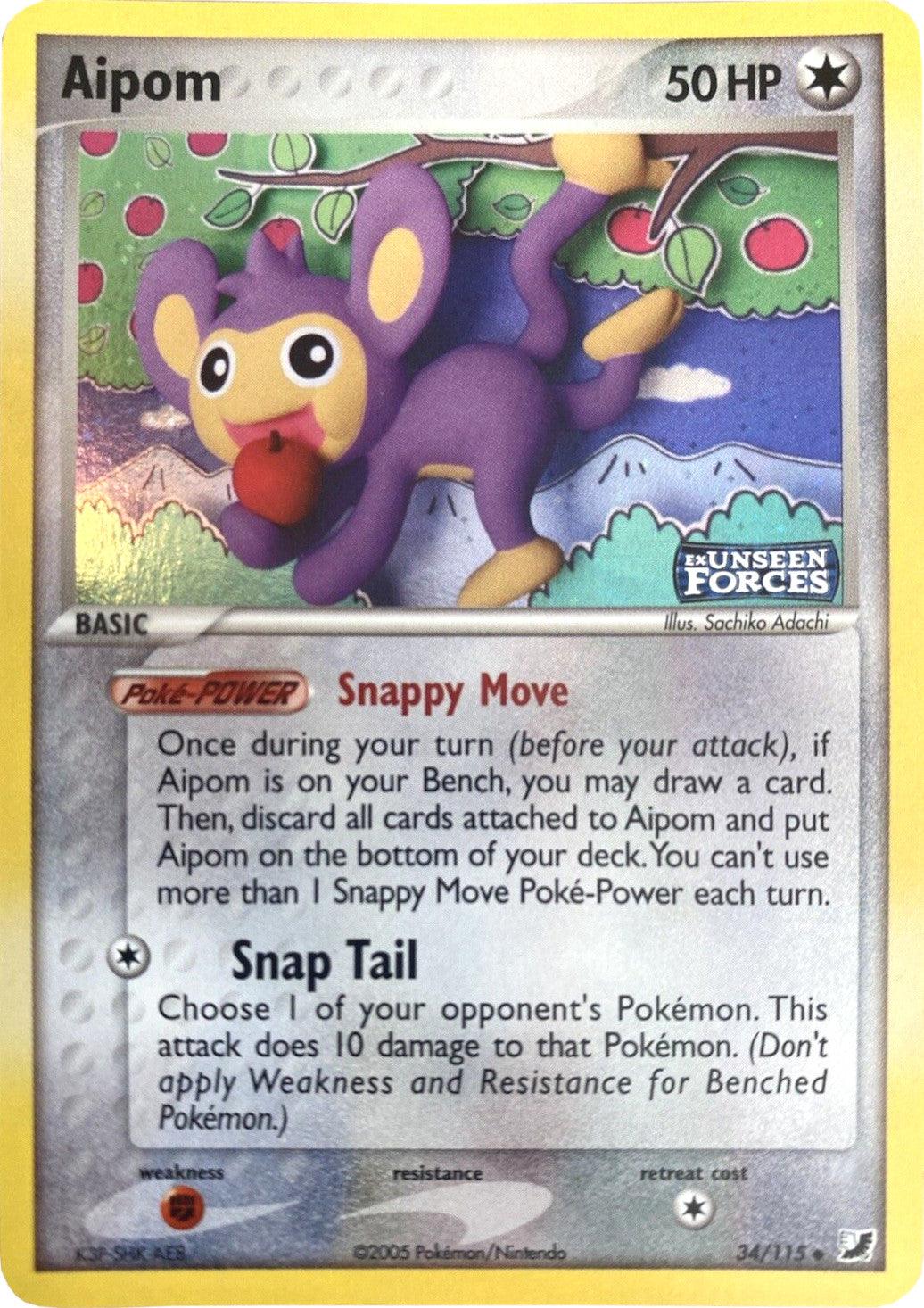 34, Colorless, EX: Unseen Forces, Fighting[×2], Reverse Holofoil, Uncommon Aipom (34/115) (Stamped) [EX: Unseen Forces] - Trading Card World